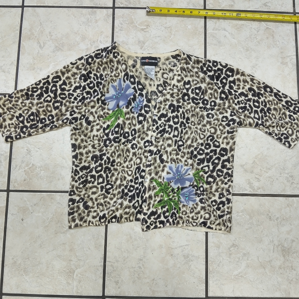 Sag Harbor Animal Print Cardigan with Blue Accents XL Petite
